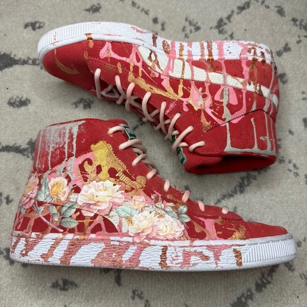 PUMA Suede High Risk Red Custom Floral Drip Classic High Top Streetwear Sneakers